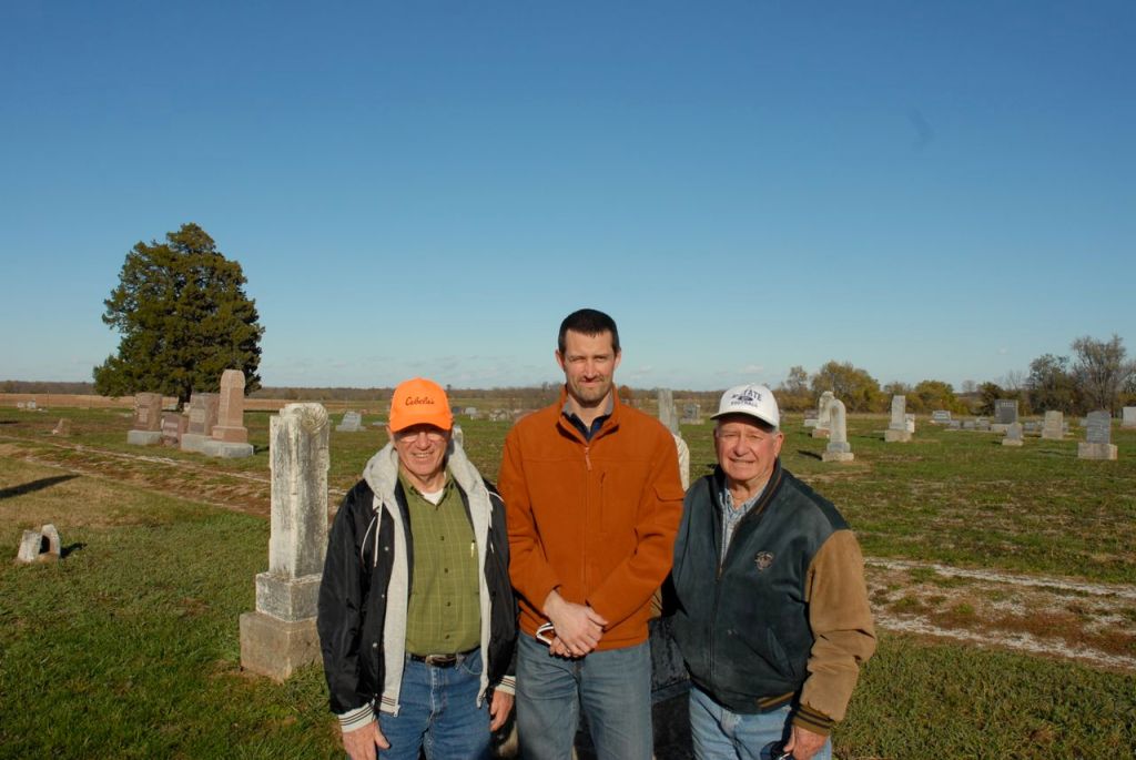 From left to right: Clarence “Gene” Hayward, George Ironstrack, and Lloyd Peckman at Jingo Cemetery, which sits just west of the first Myaamia Sugar Creek village.
