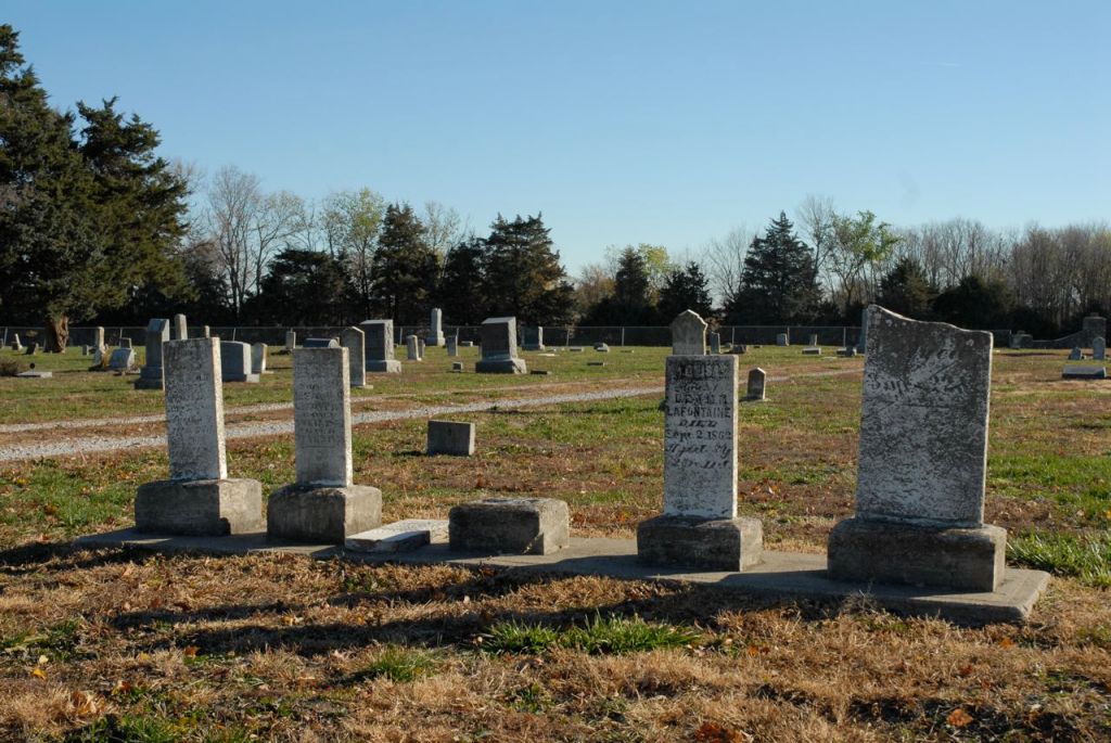 Headstones of Lafontaine family members in the Fontana Cemetery.  From left to right: James O. Lafontaine, Lewis J. Lafontaine, Agnes F. Lafontaine (her stone is lying flat in the center), Louisa Lafontaine, and Unknown (possibly a child who died shortly after birth).  All five died young and were the children of Louis Lafontaine and Mary Magdalene Lafontaine (Bourdon). 