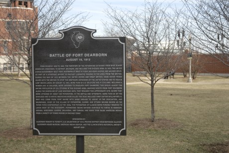 Battle of Fort Dearborn Park.  The text of this sign represents a positive step forward in recognizing the complexities of the War of 1812.  The rededication of the park that produced this sign is an example of the good that can come from more inclusive discussions and decision-making.
