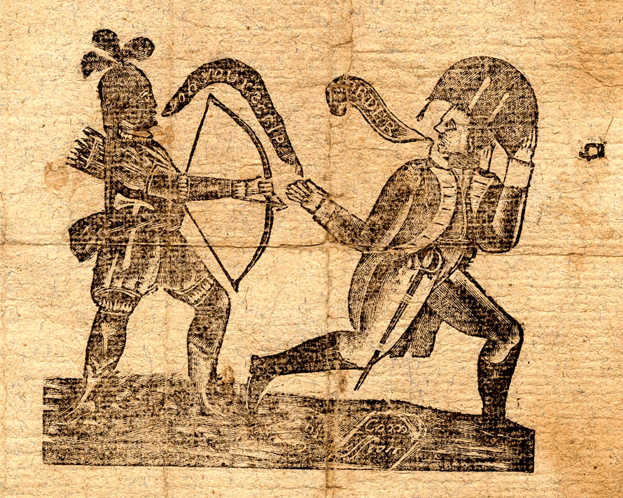Illustration of a U.S. military member running from a Native person