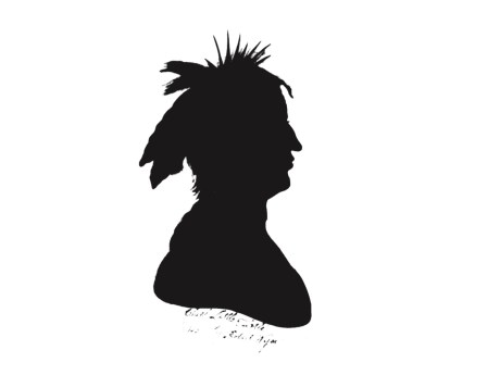 This is a silhouette that is most likely the Myaamia leader Mihšihkinaahkwa. There are two other commonly used images of this great leader, but both are copies of an original that burned in 1814 and are considered unreliable.