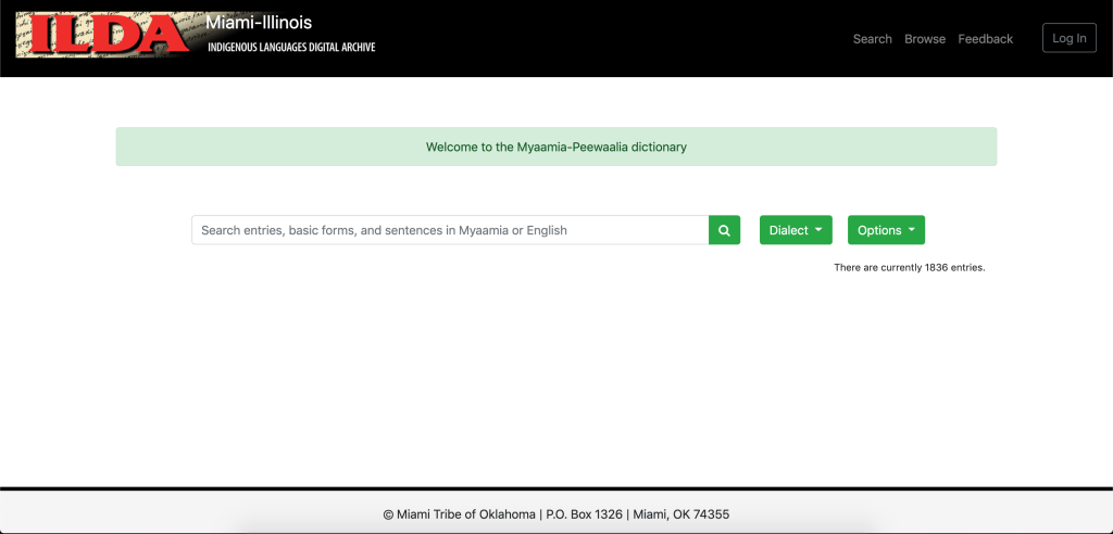 Home page of the Miami-Illinois ILDA Dictionary website
