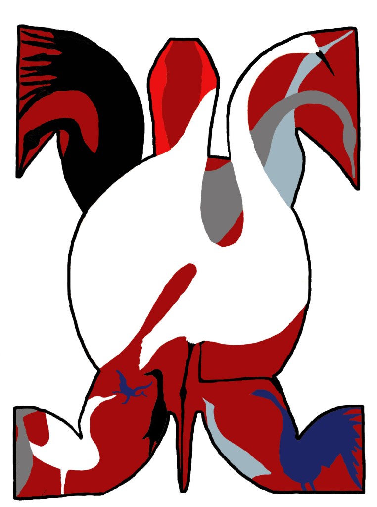 Outline of a turtle with cranes painted on it