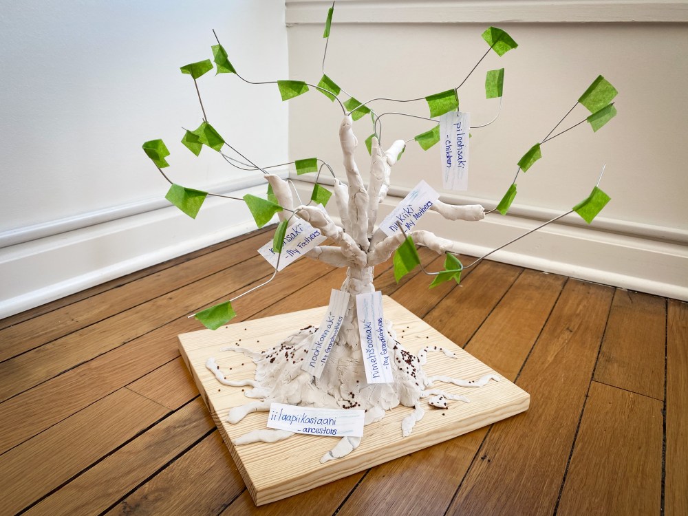 A wire, salt dough, and masking tape tree