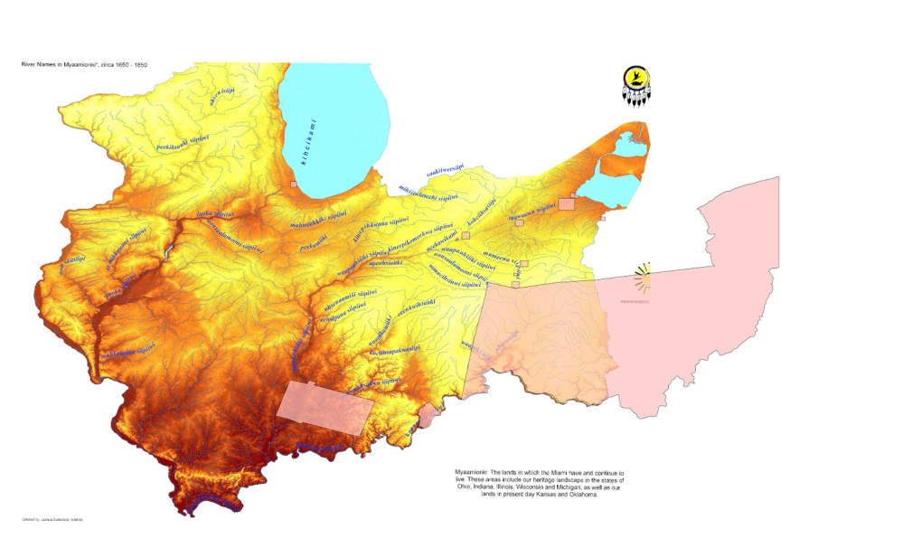 Riverine map of Myaamia homelands with relinquished territories annotated