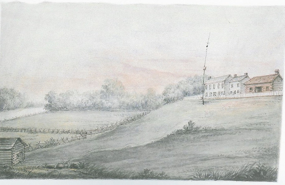 A painting of Palaanswa's residence featuring the house and farm land