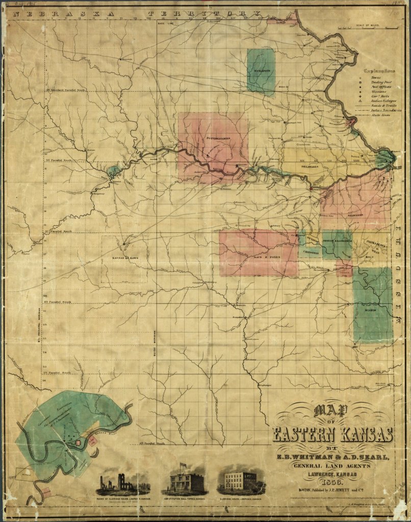Map of Eastern Kansas identifying tribal reservations and other landmarks in the area.