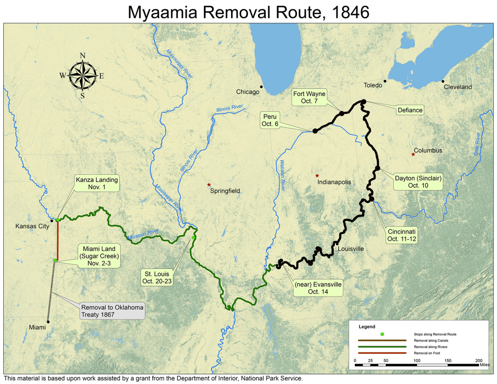 A map highlighting the Myaamia Removal Route from Indiana into Ohio and out to Kansas and Oklahoma that is annotated to mark the progress as of October 14, 1846