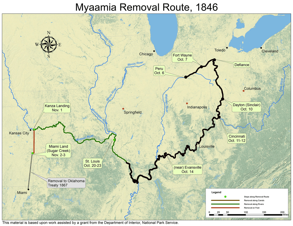 A map highlighting the Myaamia Removal Route from Indiana into Ohio and out to Kansas and Oklahoma that is annotated to mark the progress as of October 18, 1846