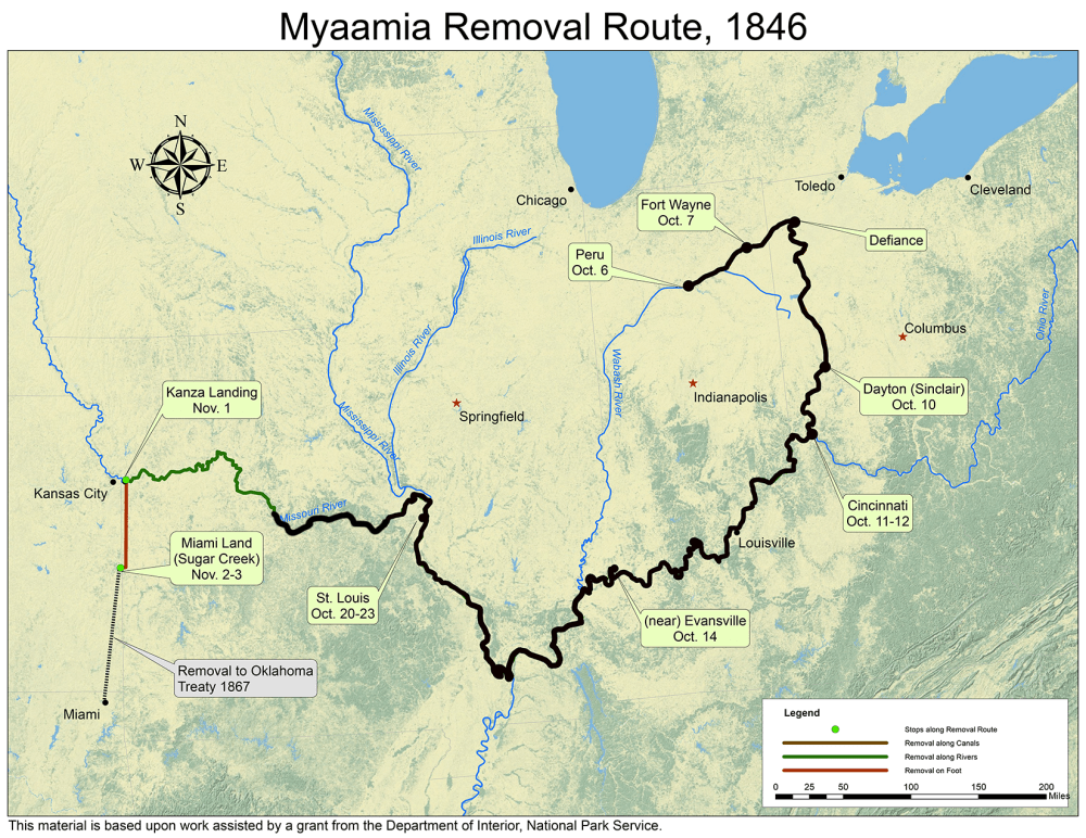 A map highlighting the Myaamia Removal Route from Indiana into Ohio and out to Kansas and Oklahoma that is annotated to mark the progress as of October 27, 1846