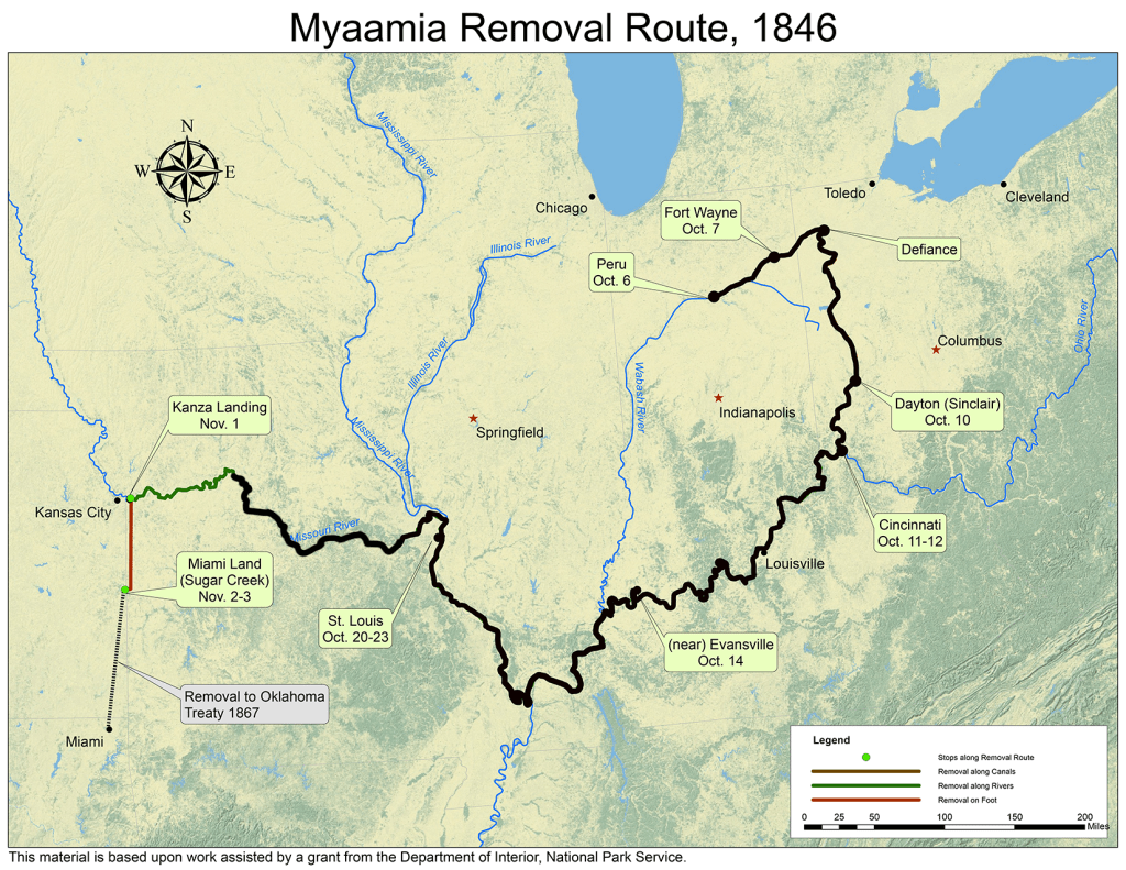 A map highlighting the Myaamia Removal Route from Indiana into Ohio and out to Kansas and Oklahoma that is annotated to mark the progress as of October 29, 1846