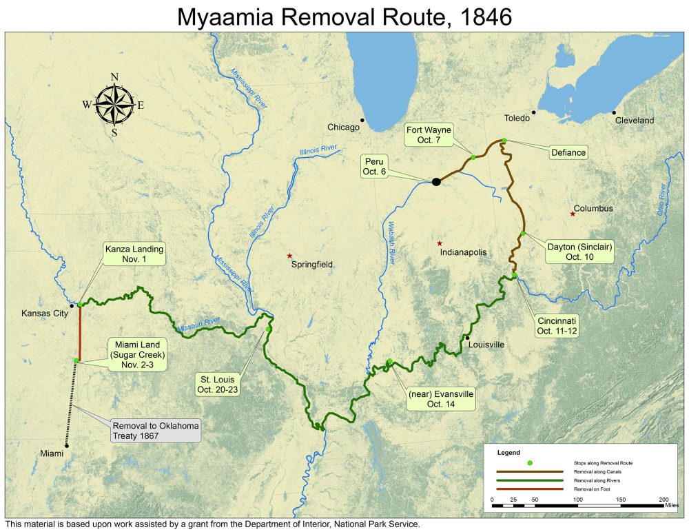 A map highlighting the Myaamia Removal Route from Indiana into Ohio and out to Kansas and Oklahoma that is annotated to mark the progress as of October 6, 1846