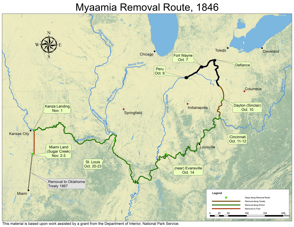 A map highlighting the Myaamia Removal Route from Indiana into Ohio and out to Kansas and Oklahoma that is annotated to mark the progress as of October 9, 1846