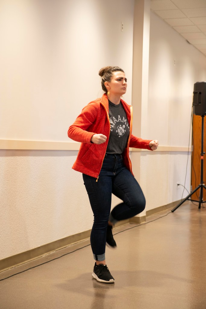 Haley Shea telling a story at the 2020 New Year's event