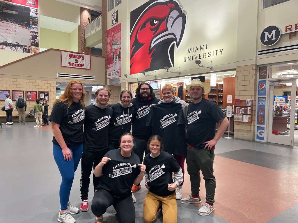 Myaamia broomball team, Kiiloona Myaamiaki, after winning the fall broomball championship.