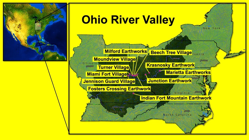 Map showing the distribution of Hopewell sites throughout the Ohio River Valley