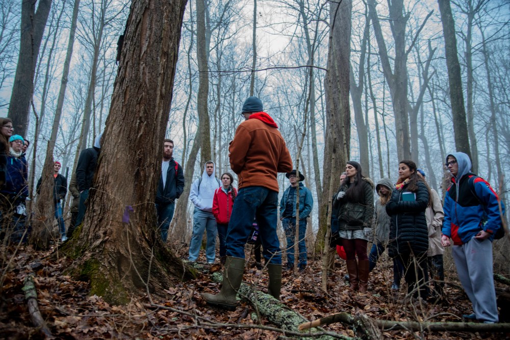 Myaamia students and staff in the sugar maple grove on Miami University's Oxford campus.
