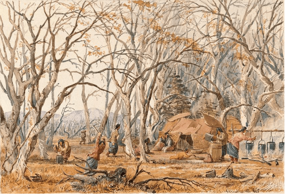 Painting of a sugar camp village by Set Eastman