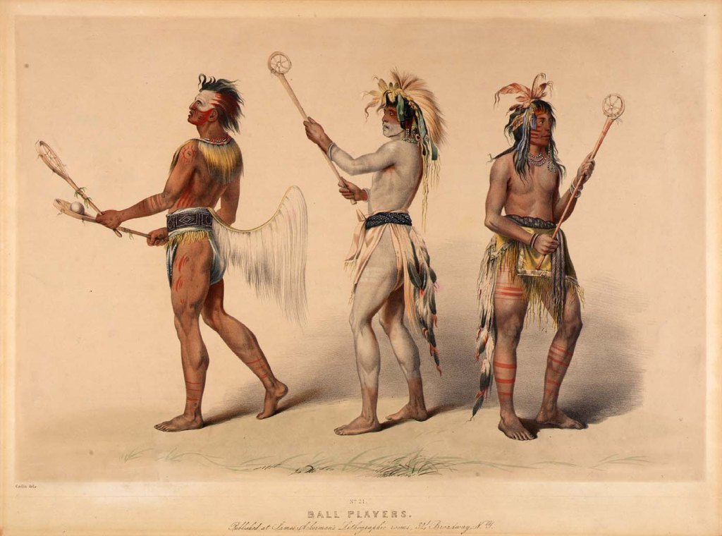 Painting depicting Ojibwe lacrosse players in the early 1830s