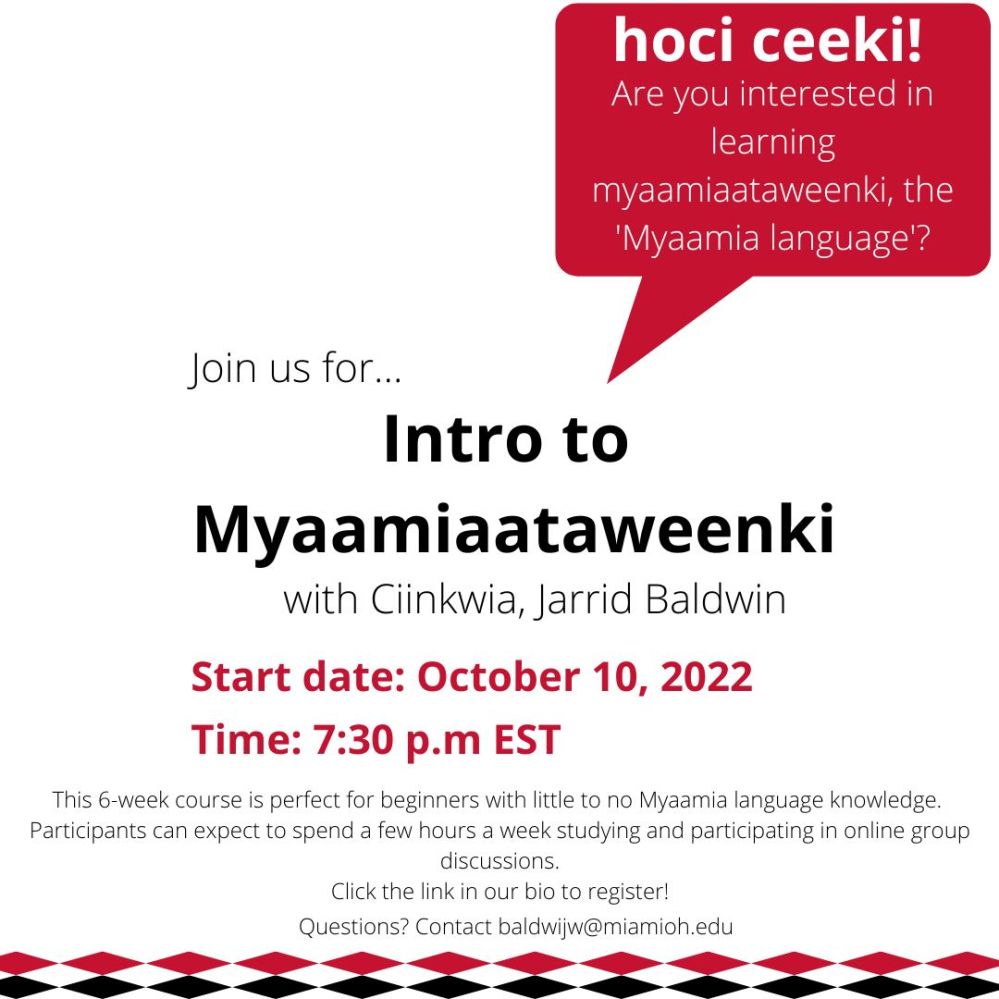 Intro to Myaamiaataweenki course beginning October 10, 2022 at 7:30 pm EST