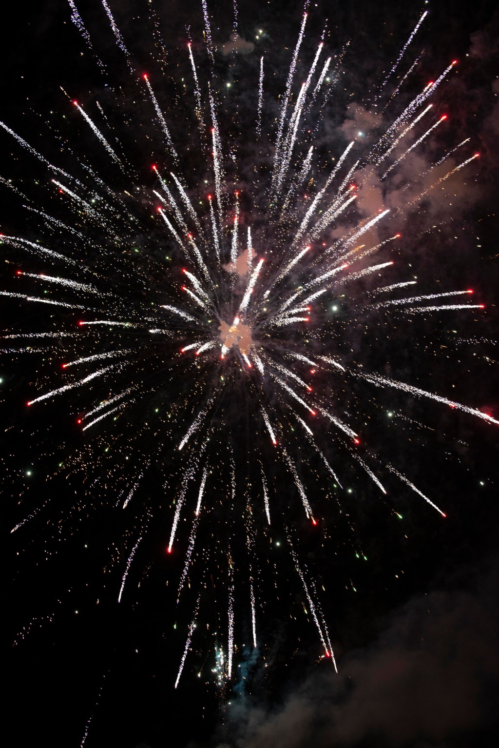 Firework with white streaks and red tips