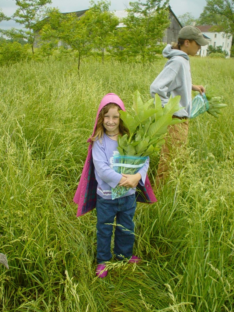 Young girl holding a bag filled with harvested milkweed