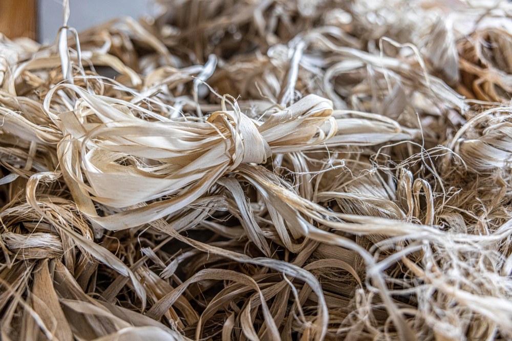 A wrapped bundle of basswood on top of a pile of processed basswood