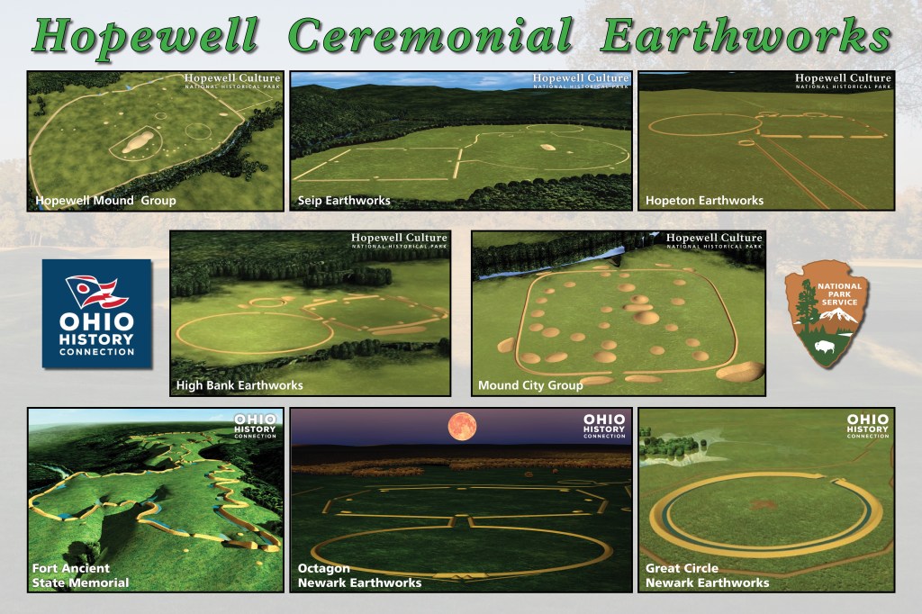 Eight computer generated images of the Hopewell Ceremonial Earthworks