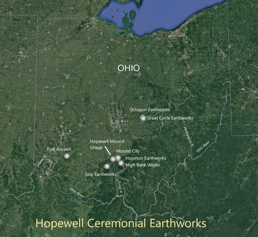 A map of Ohio with each Hopewell Ceremonial Earthworks site labeled