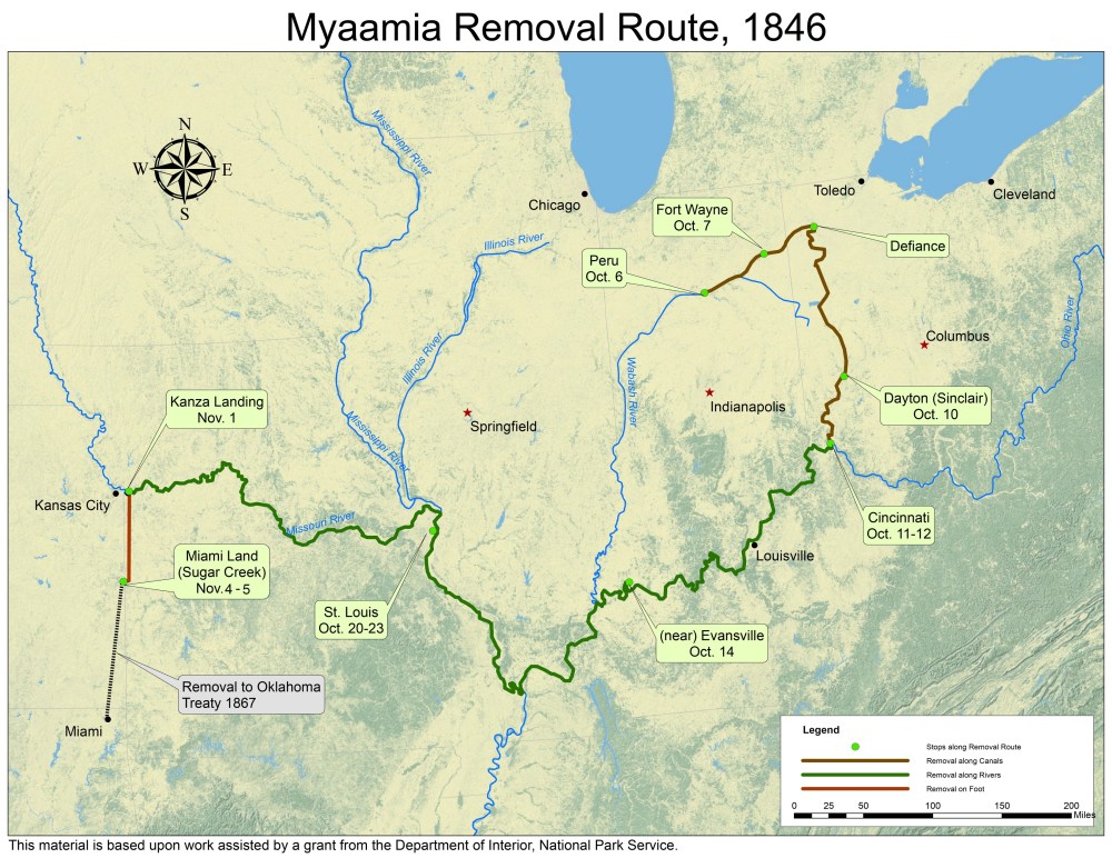 A map highlighting the Myaamia Removal Route from Indiana into Ohio and out to Kansas and Oklahoma that is annotated to mark the progress as of October 30, 1846