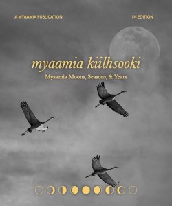 Book cover featuring cranes flying past a Moon