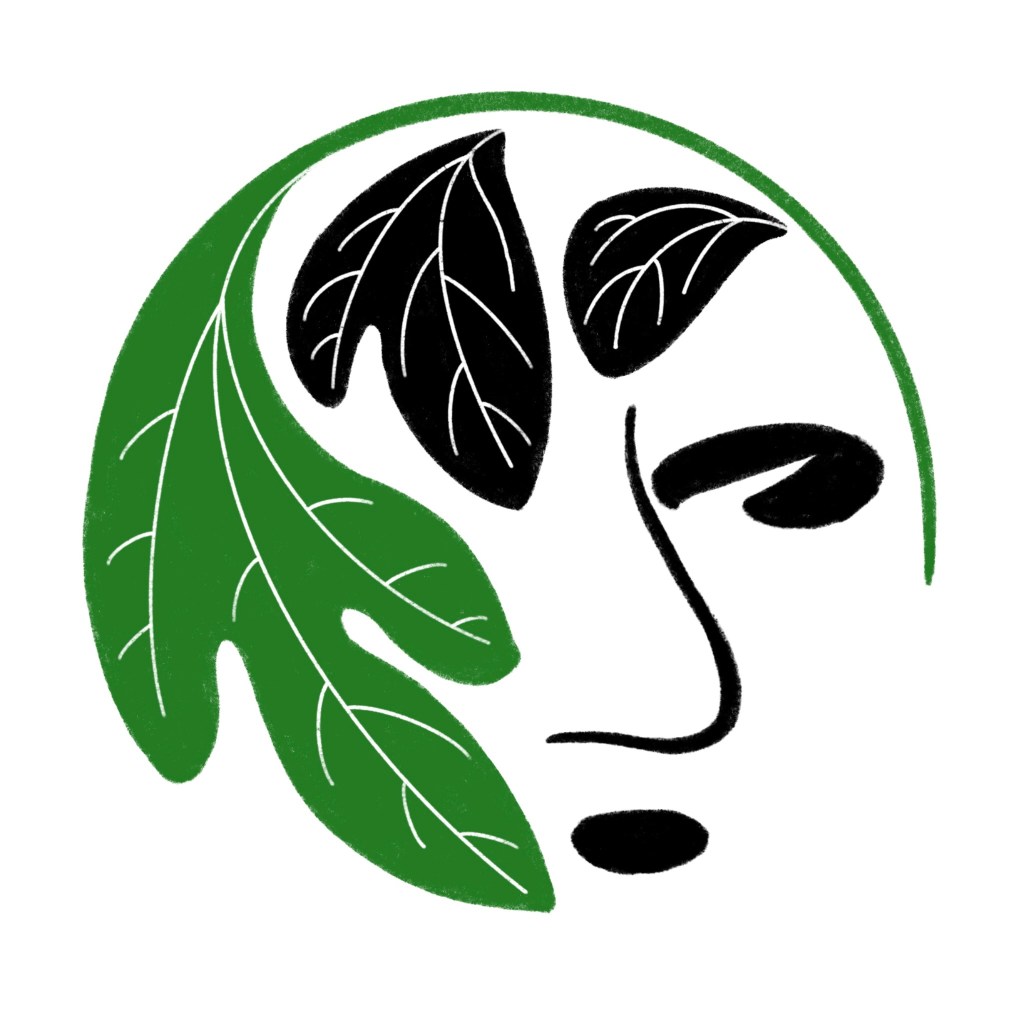 A green half circle with a sassafras leaf on the end. Two black sassafras leaves and a face inside the circle.