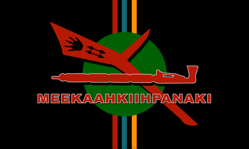 meekaahkiihpanaki written under a red pipe that is laying across a red war club featuring a raccoon paw print. This is on top of a green circle on a black field with a thin red, green/blue, and yellow vertical stripe in the middle.