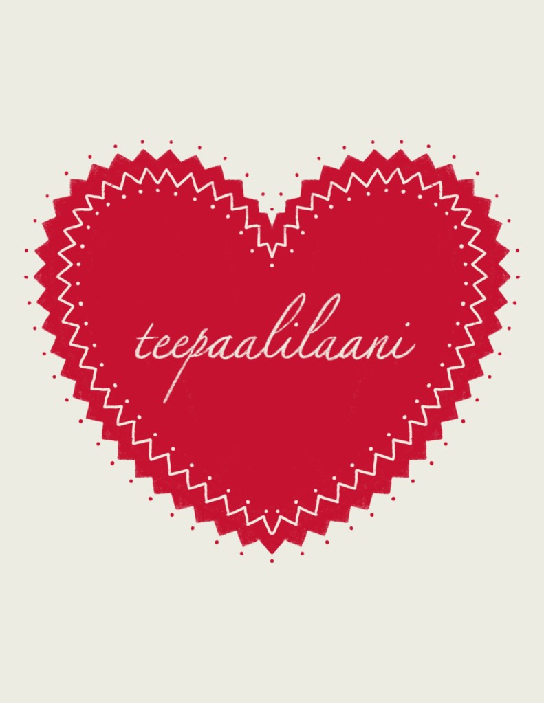 Red heart with jagged edges with the word "taapaalintioni" written in script in the middle