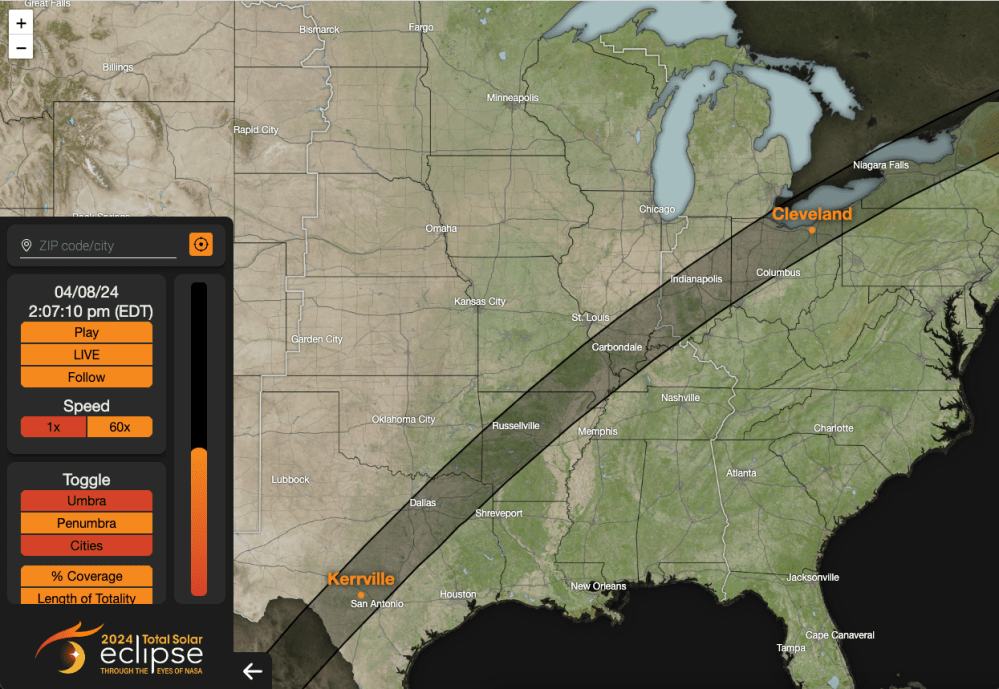 A map of the United States with a highlighted path spanning from southern Texas through northwestern New York