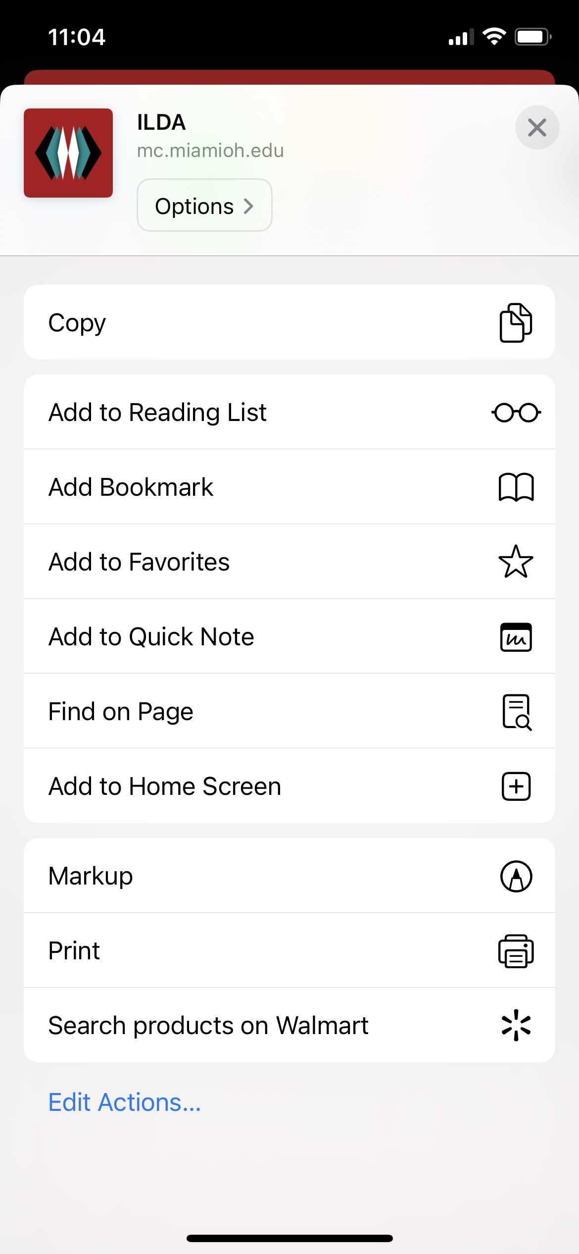 Screenshot of sharing options