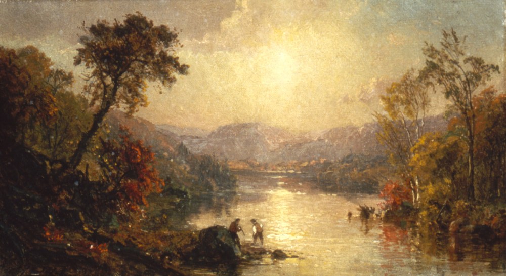 An oil painting featuring yellow light against a river