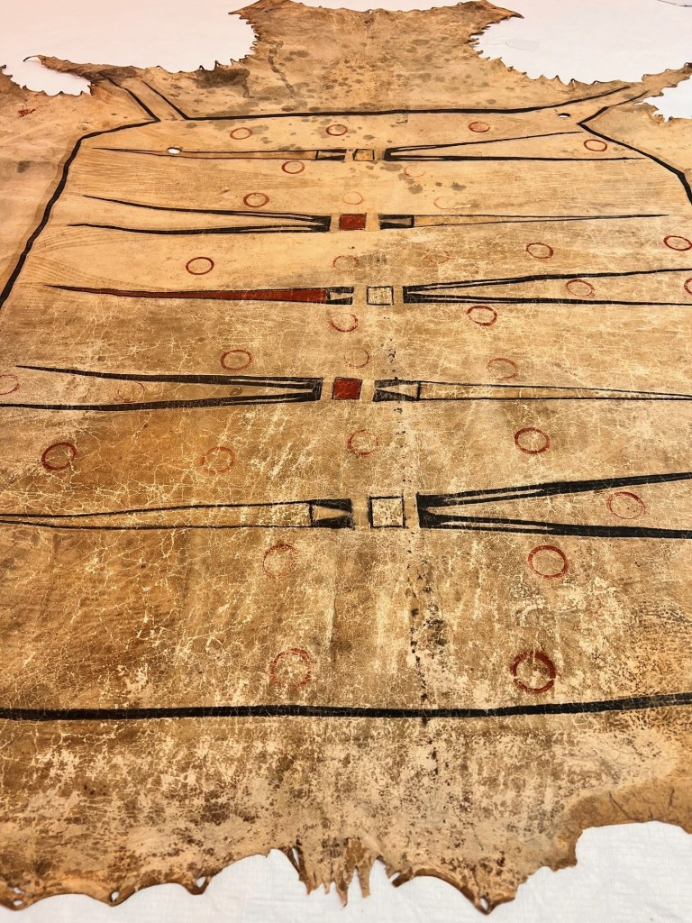 Black, yellow, and red patterns against the tan hide