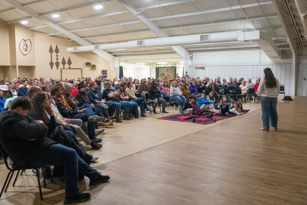 A woman tells stories in front of a large group