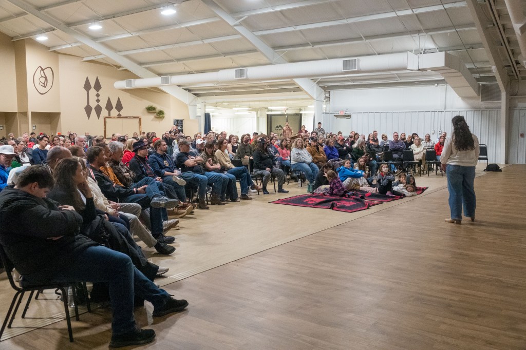 A woman tells stories in front of a large group