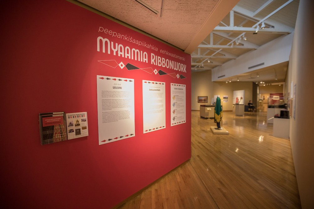 An overview of the "Myaamia Ribbonwork" exhibit at Miami University in 2020.