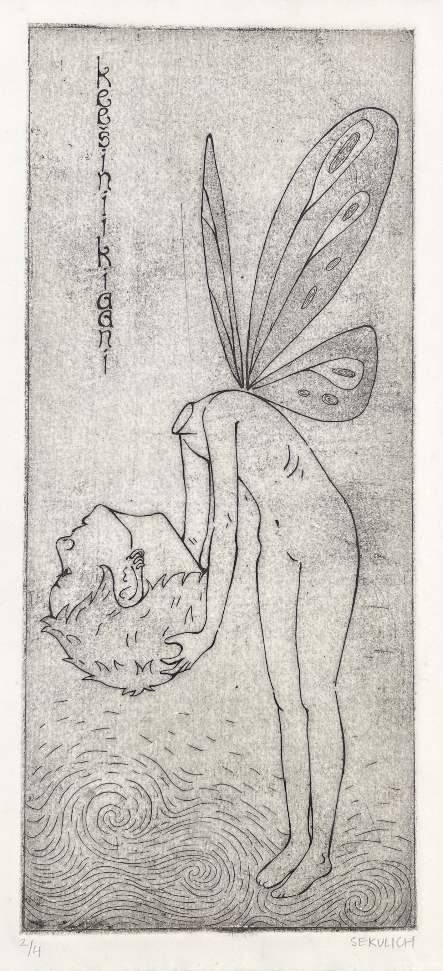 A young decapitated body with fairy wings holding an older, much larger head