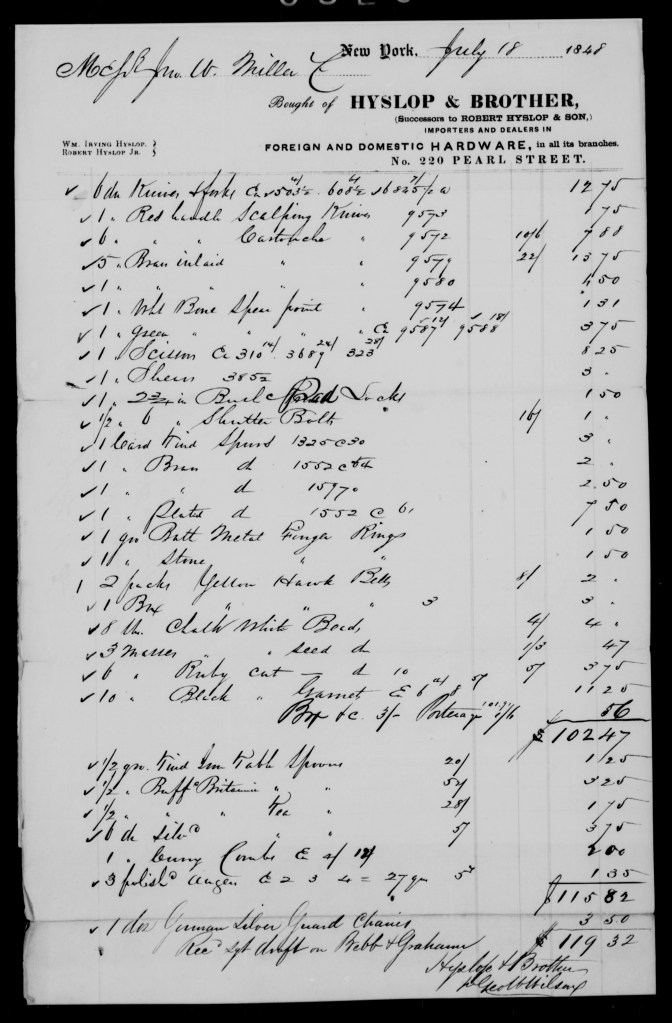Invoice from John Miller’s purchases at Hyslop & Brother, New York City.